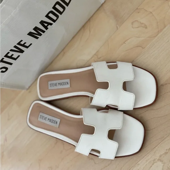 Steve Madden White H-Cut Slide Sandals - Picture 2 of 3